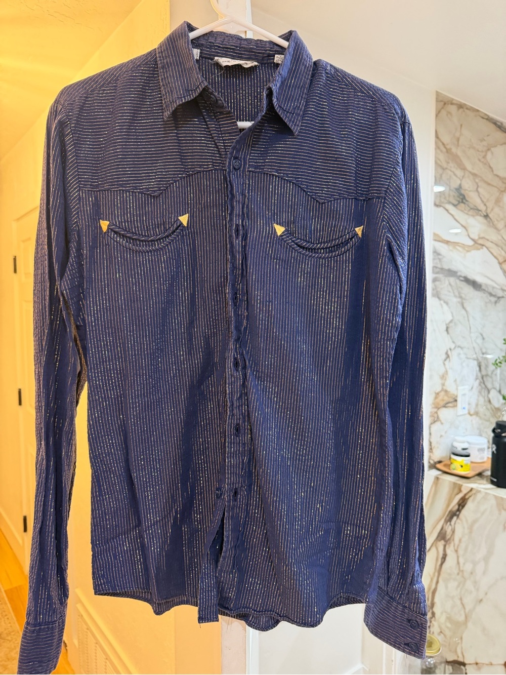100% cotton western style/ Navy Blue Metallic Stripe Button-Up Shirt